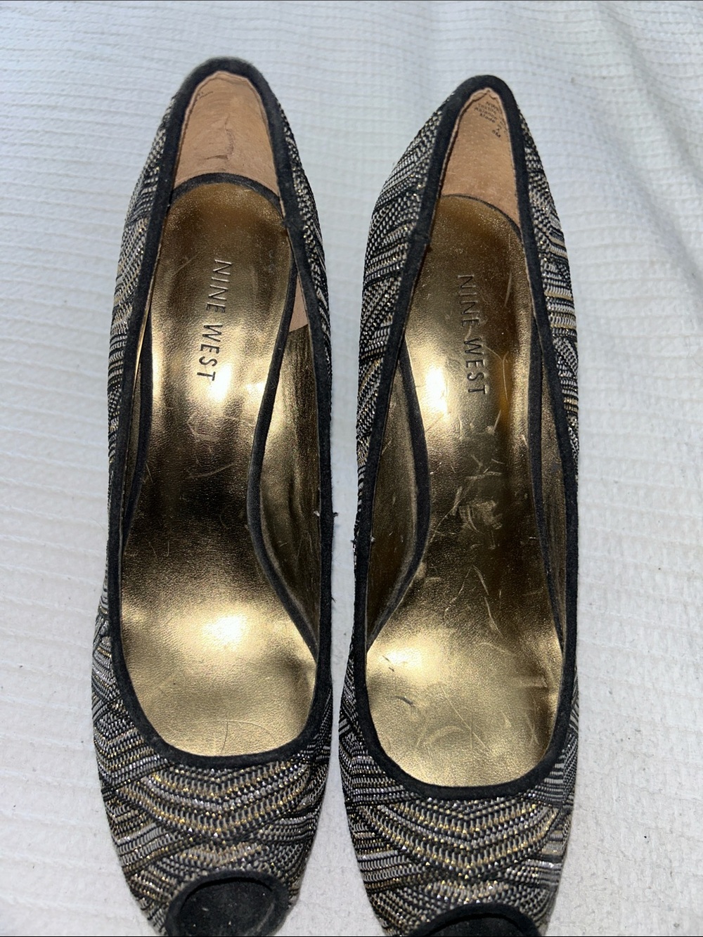 Nine West Black and Gold Woven Peep Toe Heels